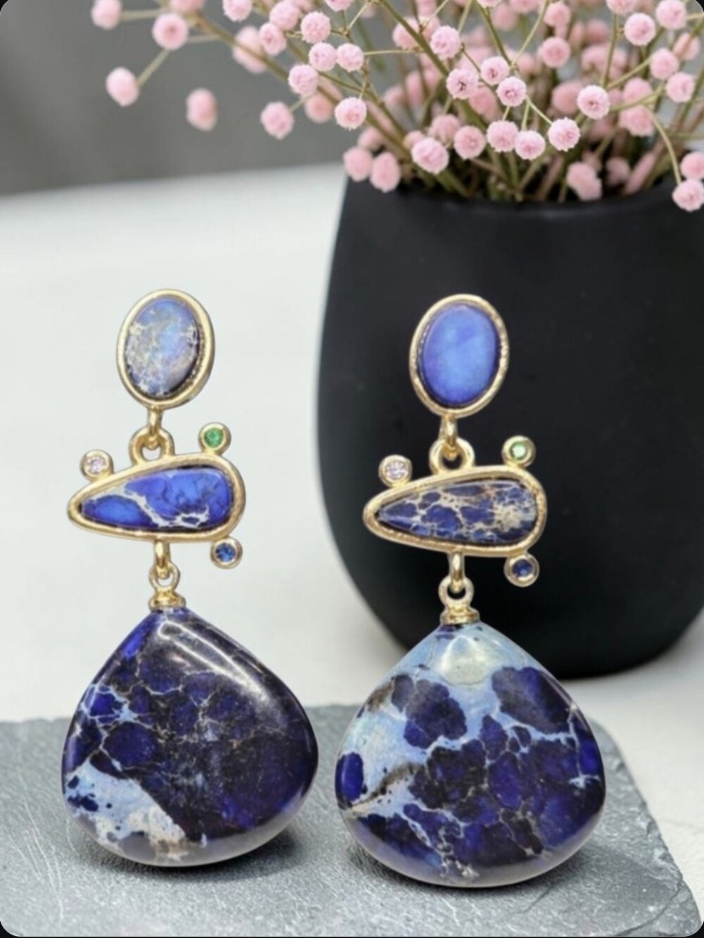 18k Gold Plated Imperial Jasper Stone Crystal Dangle Earrings